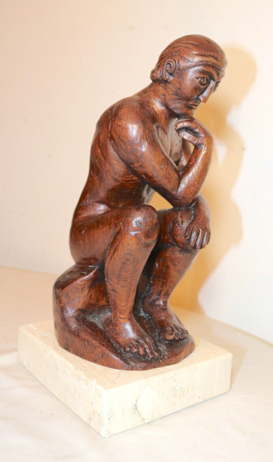 antique 1800's Folk Art hand carved wood figural thinking