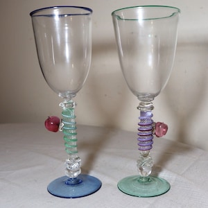 pair of hand blown Harry Stuart RPM studio art glass goblet chalice wine glass