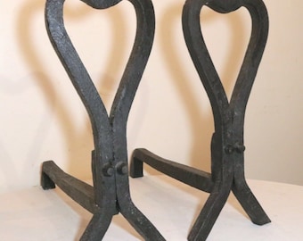 LARGE pair antique 18th century wrought iron heart fireplace andirons firedogs