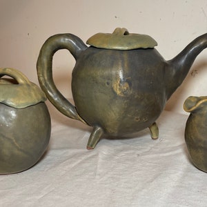 antique signed Japanese 3 piece studio green pottery teapot set sugar creamer
