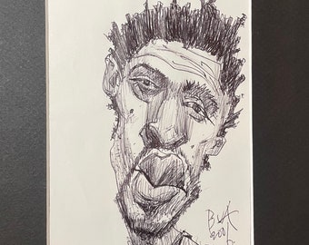 original 2006 Justin Bua pop surrealism ink sketch drawing man portrait art