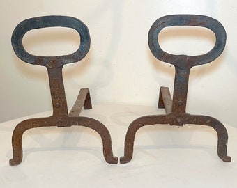 pair of 2 antique 18th century cast wrought iron fireplace andirons firedogs