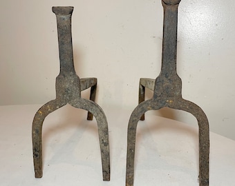 Rare pair antique 18th century diminutive wrought iron fireplace andirons 1700's