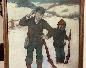 antique original Casey man and boy hunting snow pastel drawing painting folk art