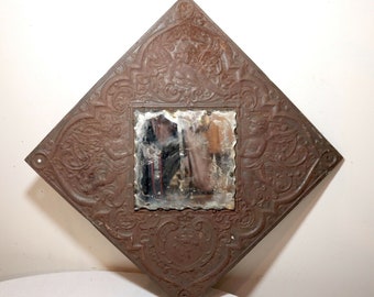 antique 1800's ornate figural angels relief square tooled metal tole wall mirror