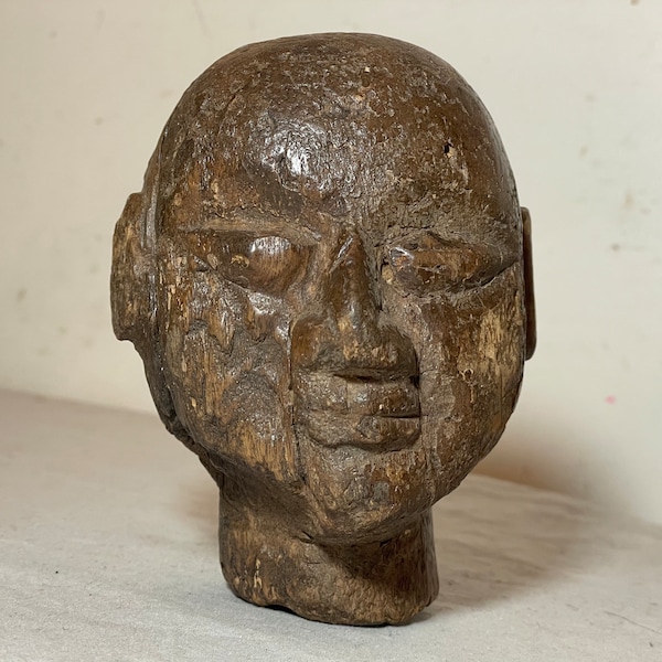 Antique 18th century hand carved wood Thai Thailand doll head fragment sculpture