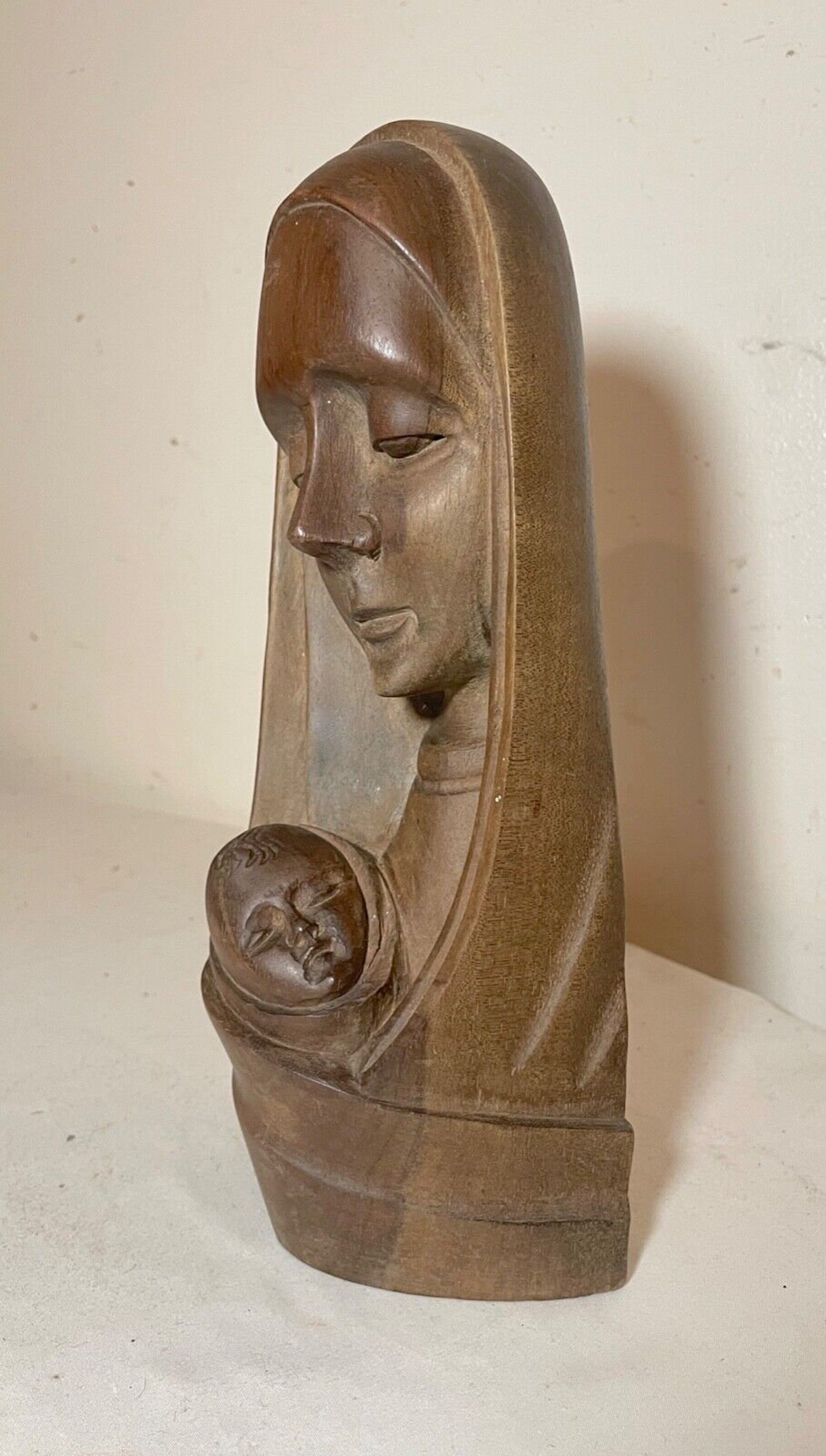 Vintage Hand Carved Wood Religious Virgin Mary Jesus Bust Statue ...