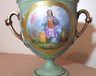 antique 1800's hand painted figural porcelain compote ewer vase trophy urn