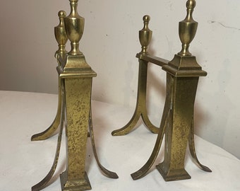 pair of 2 antique 19th century Victorian brass fireplace andirons fire dogs rest