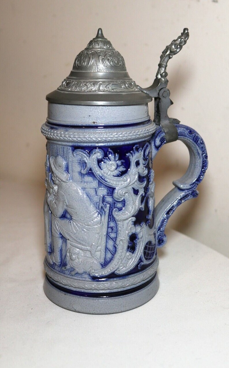 Antique Westerwald German Pottery Pewter Figural Lidded Beer Etsy