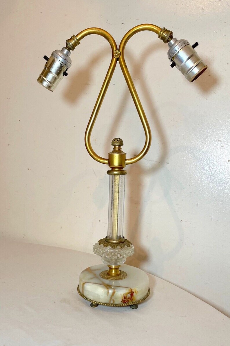 Vintage shops ornate dual arm onyx stone brass cut glass electric table lamp light