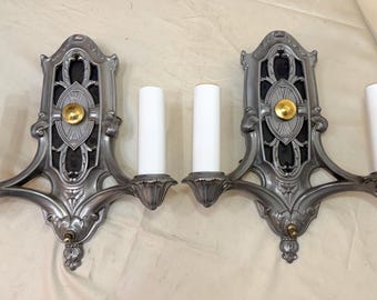 Pair of antique ornate 2-arm pewter silver gold electric wall sconces fixture