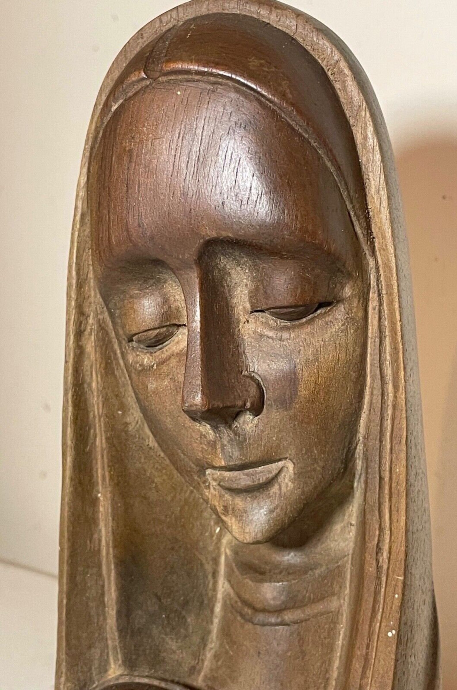Vintage Hand Carved Wood Religious Virgin Mary Jesus Bust Statue ...