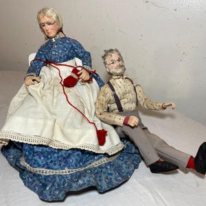 pair antique handmade grandma grandpa man lady mixed media dolls figures