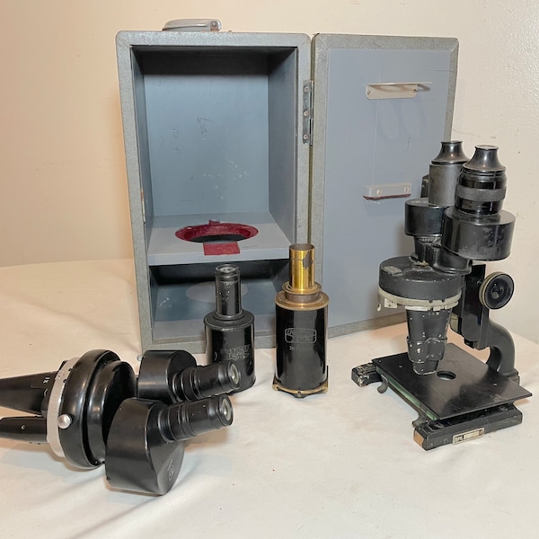 antique Carl Zeiss Spencer Buffalo binocular lab microscope brass attachments