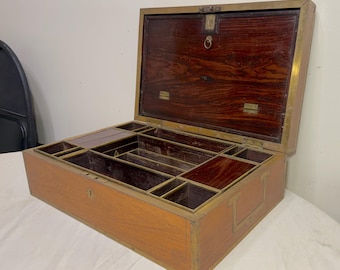 LARGE High quality antique 19th century wood inlaid brass writing lap desk box