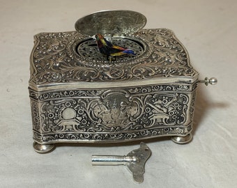 rare antique ornate sterling silver German singing bird mechanical music box