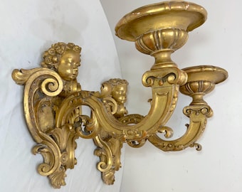 LARGE pair antique ornate carved Italian gilt wood cherub wall sconce fixtures