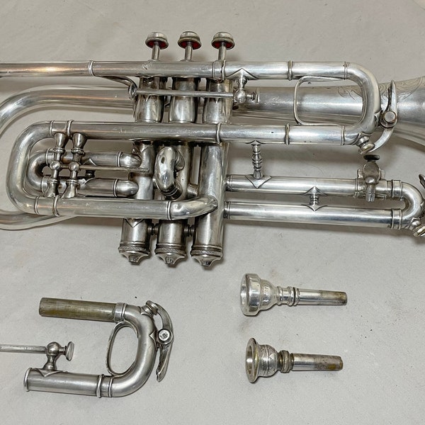 Antique 1905 silver plate C G Conn Elkhart cornet trumpet wind instrument Bach