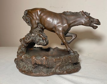 GRAN RARO Antiguo caballo corriendo cenicero Armadura Bronce revestido estatua escultura plato