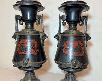 Pair of antique Egyptian Revival figural bronze marble urn ewer table lamps
