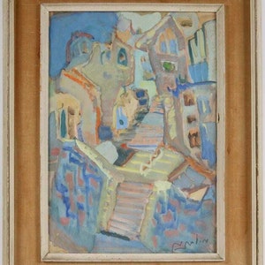 May include: Abstract painting of a cityscape with buildings in shades of blue, green, yellow, and orange. The painting features a set of stairs leading up to the buildings. The artist's signature is visible in the bottom right corner.