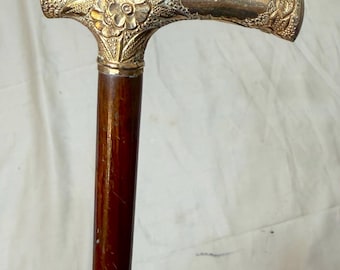 Antique 19th century Victorian chased yellow gold filled wood walking stick cane