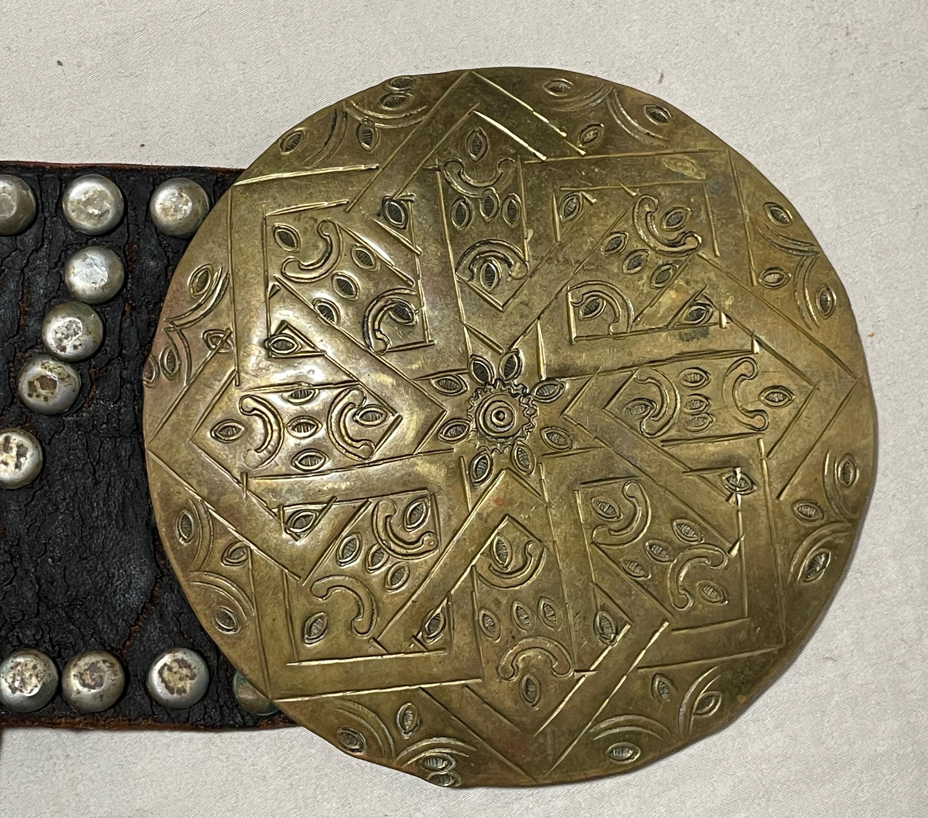 Large Vintage Handmade Leather Brass Travel Studded French 
