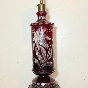 VTG Bohemian Glass Table Lamp Red Crystal Cut To Clear, Brass Base, 34” Tall