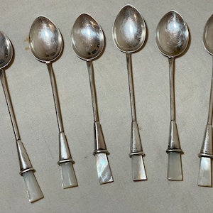 Six Signed Cartier Sterling Silver Italian Mother of Pearl Demi-Tasse Spoons
