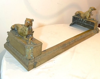 pair of 2 antique Victorian brass bronze greyhound dog andirons firedogs fender