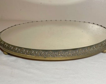 antique bronze round plateau beveled vanity jewelry table top MIRROR TRAY BRASS