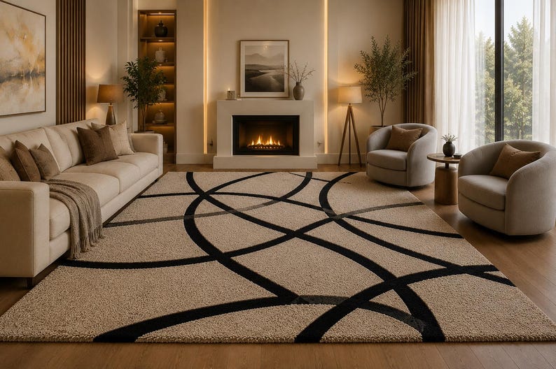 May include: A rectangular area rug featuring a textured beige pile with a bold, black geometric pattern consisting of intersecting curved lines and circular arcs that span across the entire surface of the floor covering in a living room.