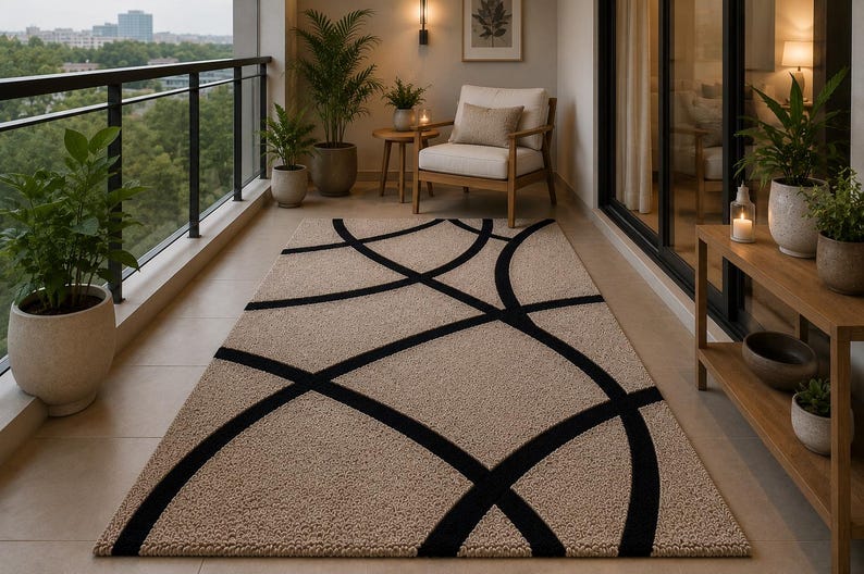 May include: A rectangular area rug featuring a textured beige surface with a bold, black geometric pattern of intersecting curved lines. The rug is laid flat, showcasing a high-pile construction that creates a distinct contrast between the dark lines.