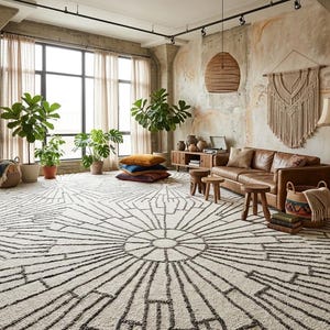 Hand Tufted Wool Sunburst Rug, Cream Grey Geometric Boho Carpet