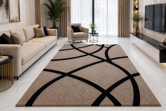 Hand Tufted Wool Rug, Modern Black & Beige Abstract Area Rug, Contemporary Geometric Living Room Rug, Neutral Luxury Carpet,