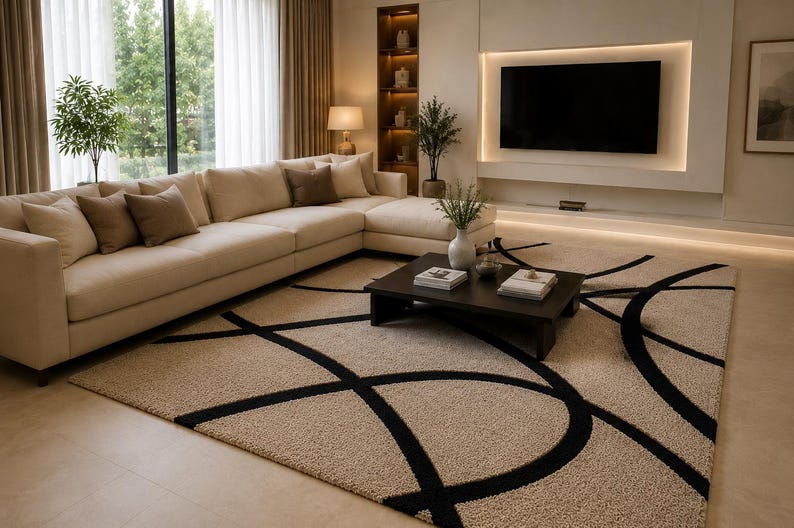 May include: A large rectangular area rug featuring a textured beige pile with a bold, sweeping black circular line pattern. The rug is positioned in a living room setting beneath a dark brown square coffee table and a large beige sectional sofa.