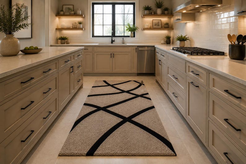 May include: A rectangular area rug featuring a textured beige surface with a bold, black geometric pattern of intersecting curved lines. The rug is positioned centrally on a light-colored floor within a kitchen space with beige cabinetry.