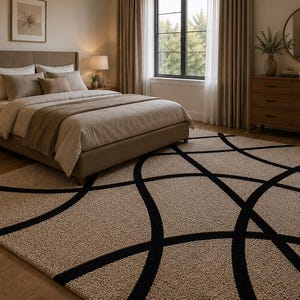 May include: A rectangular area rug featuring a textured beige surface with a bold, black, curved line pattern that creates large, intersecting circular shapes across the entire floor covering, positioned in a bedroom setting with neutral furniture.