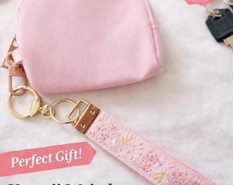 Porte-clés au poignet avec ruban jacquard floral kawaii, bandoulière porte-clés
