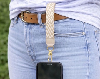 Lanière large tissée au poignet | Sangle pour téléphone et clé en tissu épais (beige géométrique)