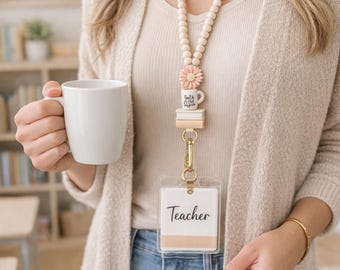 Lanière d'enseignant bohème avec perles en bois, porte-badge à fermoir détachable