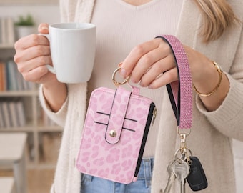 Porte-clés imprimé léopard : porte-cartes en cuir PU