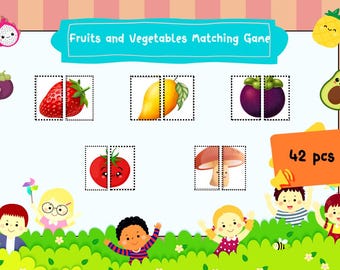 May include: A colorful "Fruits and Vegetables Matching Game" for children. The game features illustrations of fruits and vegetables, such as strawberries, mangoes, and tomatoes, divided into two halves. The game includes 42 pieces and is set against a playful background.