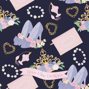 May include: A repeating pattern on a navy blue background features high-heeled shoes, floral arrangements, perfume bottles, jewelry, and books. The design includes the text "Briar Elise Designs" on a pink banner.