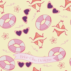 May include: A repeating pattern on a pale yellow background featuring pink and white striped swim rings, pink heart-shaped sunglasses, pink bikinis, and small flowers. A light pink banner across the centre displays the text Briar Elise Designs.