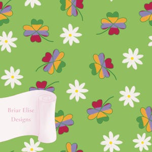 May include: A repeating pattern of colourful four-leaf clovers and white daisies on a light green background. The clovers have red, purple, yellow, and green petals. A scroll with the text "Briar Elise Designs" is in the lower left corner.