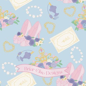 May include: A light blue pattern featuring pink high heels, floral arrangements, perfume bottles, crowns, and jewelry. The design includes the text "Briar Elise Designs" on a pink banner, creating a whimsical and elegant aesthetic.