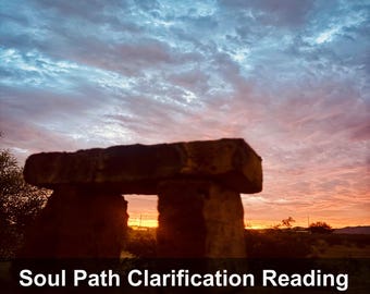 May include: A stone structure silhouetted against a vibrant sunset sky with shades of blue, pink, and orange. The text reads "Soul Path Clarification Reading" and "Next Steps to Your Higher Timeline".