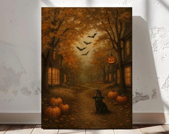 May include: A Halloween-themed canvas print depicting a spooky autumn scene. The artwork features a black cat wearing a witch's hat, pumpkins, bats, and a jack-o'-lantern. The color palette includes shades of orange, brown, and black, creating a festive and eerie atmosphere.